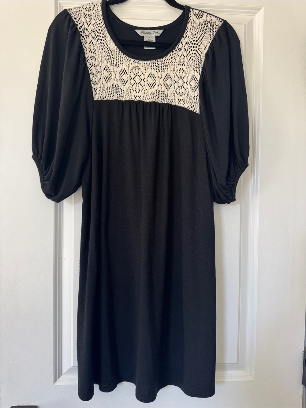 Celebrity Pink Black Midi Dress with Ivory Crochet Yoke